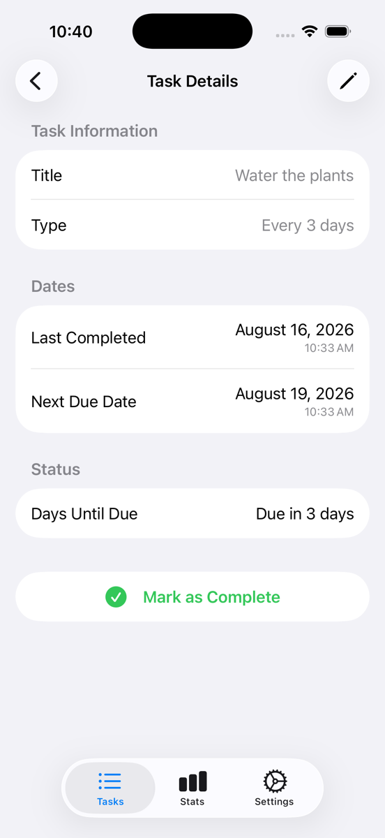 Task detail with repeat interval and completion history