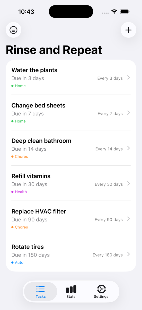 Task list showing recurring chores and when each is due